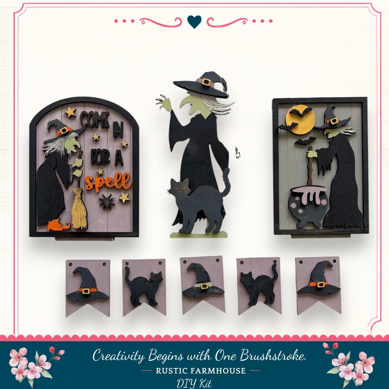 The image is a collage of Halloween-themed cutouts featuring a witch, a cat, and various Halloween-related elements such as bats, pumpkins, and broomsticks.