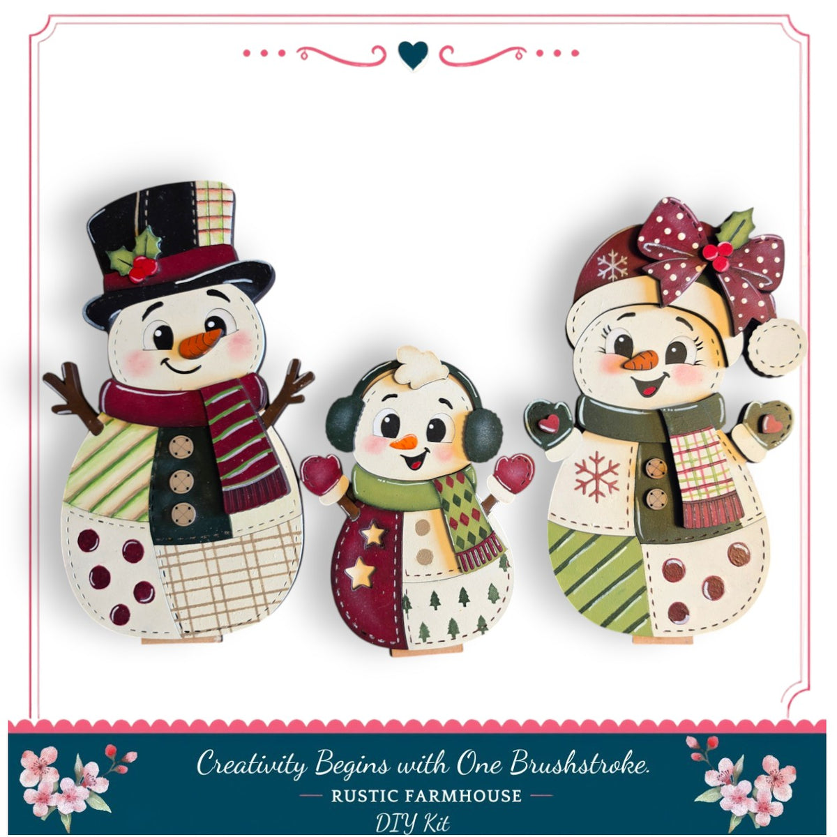 three snowmen, each with different outfits and accessories, arranged in a row against a white background.