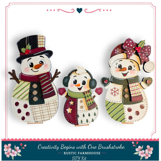three snowmen, each with different outfits and accessories, arranged in a row against a white background.