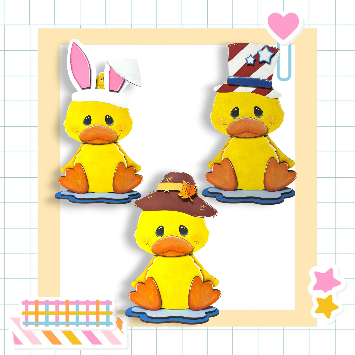 A collage of three cheerful yellow duck figures wearing various hats, including a bunny ear, a patriotic hat, and a brown hat with a flower.