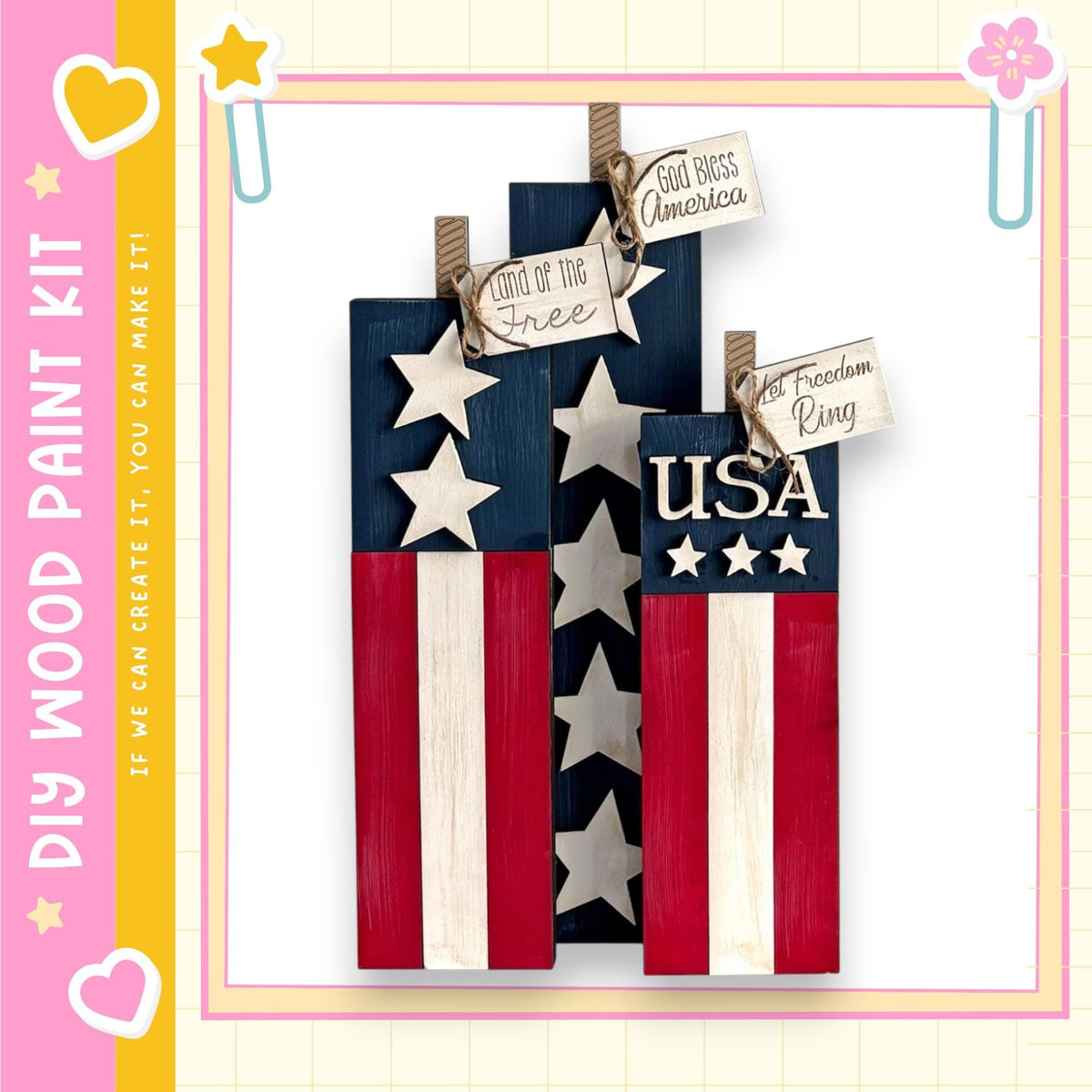 a patriotic display with three wooden blocks, each representing a different aspect of American freedom. The blocks are decorated with stars and stripes, and each block has a sign attached to it, likely indicating a specific aspect of American freedom.