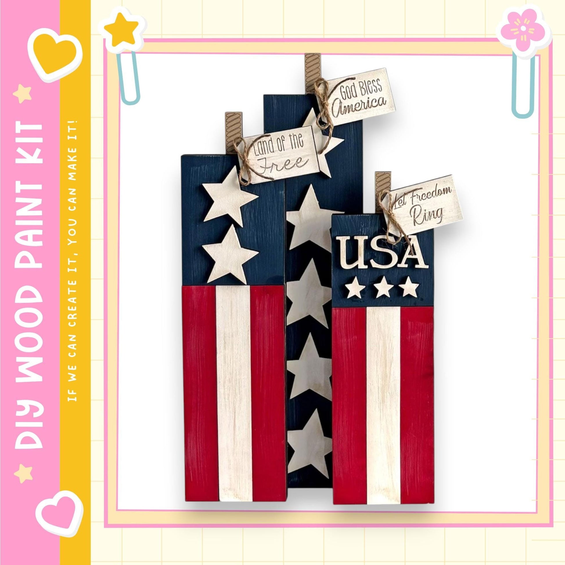 a patriotic display with three wooden blocks, each representing a different aspect of American freedom. The blocks are decorated with stars and stripes, and each block has a sign attached to it, likely indicating a specific aspect of American freedom.