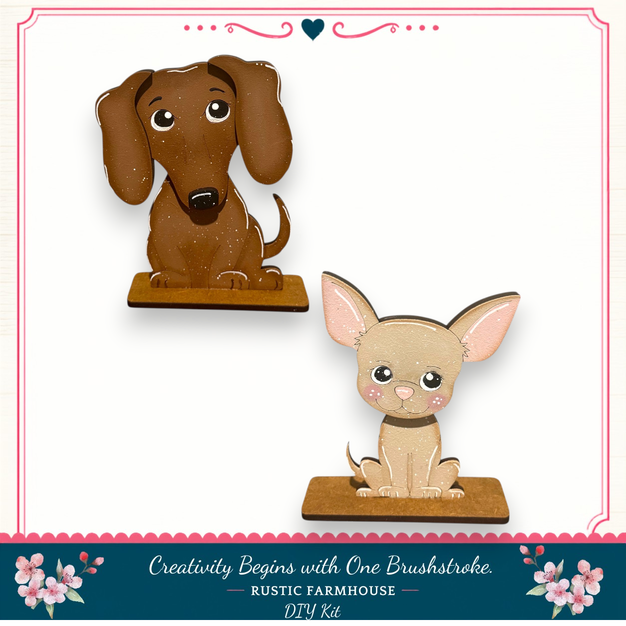 two wooden cutouts of dogs, one brown and one tan, sitting on wooden platforms.