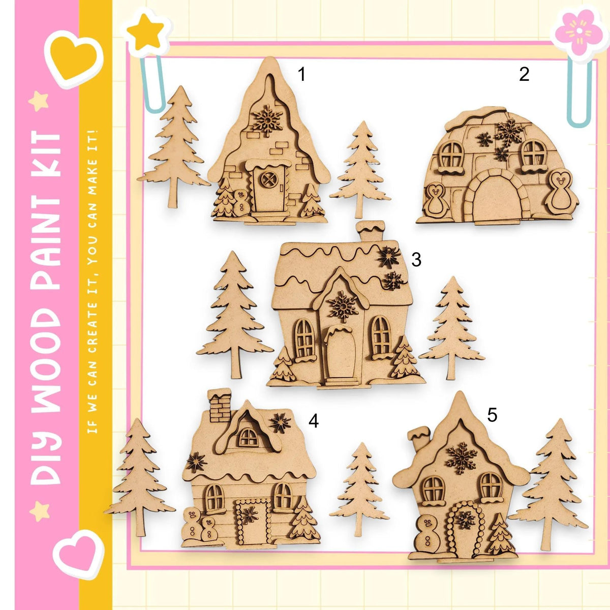a collection of wooden cutouts depicting various holiday-themed houses and trees, arranged in a decorative manner.