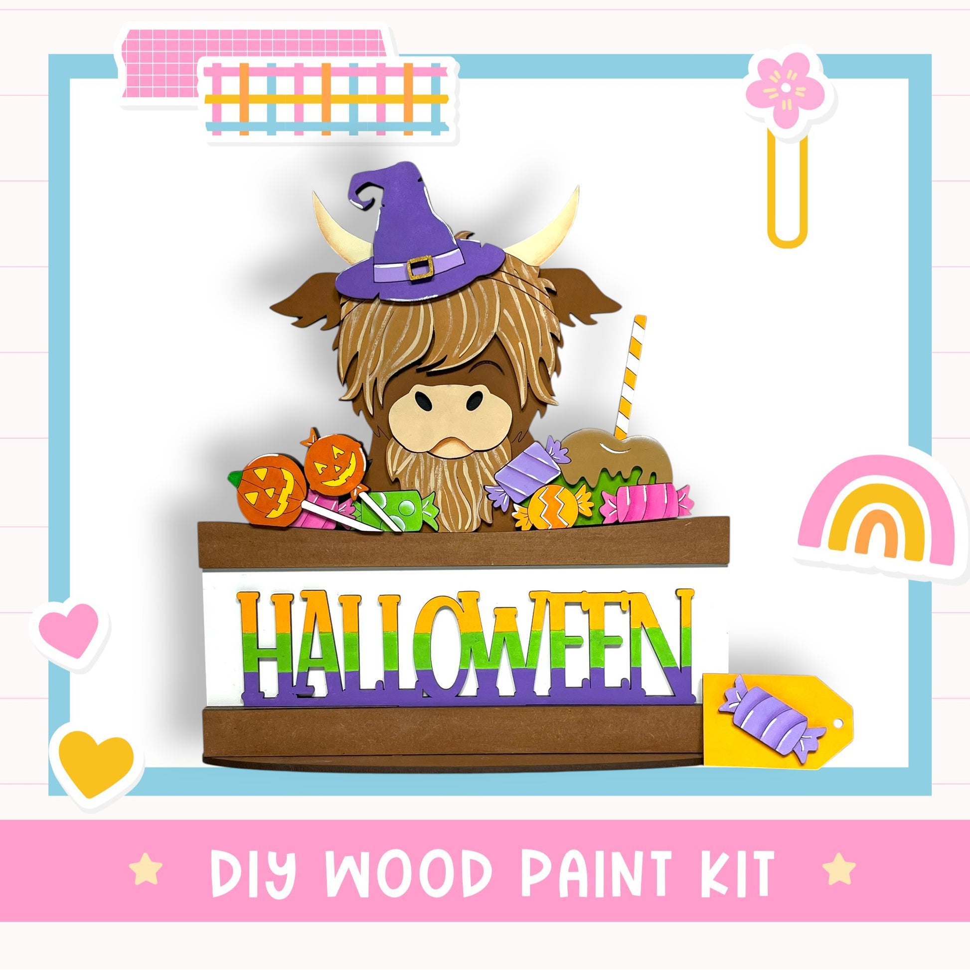 A Halloween-themed DIY wood paint kit featuring a cartoon cow wearing a witch's hat and surrounded by Halloween decorations.