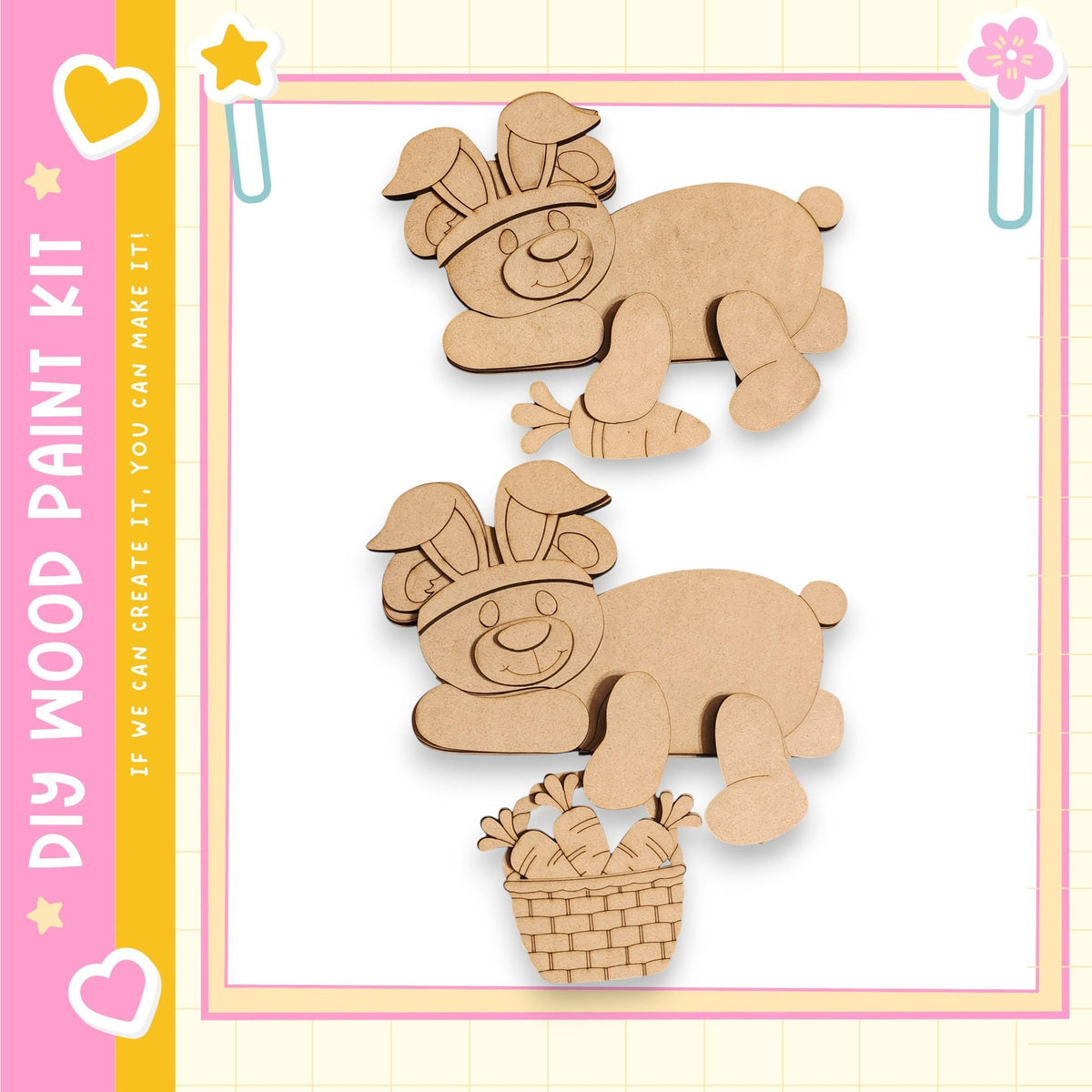 two wooden cutouts of rabbits, one holding a basket of carrots, set against a pink and yellow background with decorative elements.