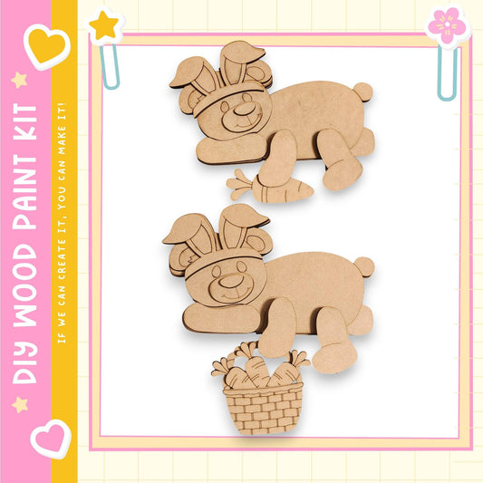 two wooden cutouts of rabbits, one holding a basket of carrots, set against a pink and yellow background with decorative elements.