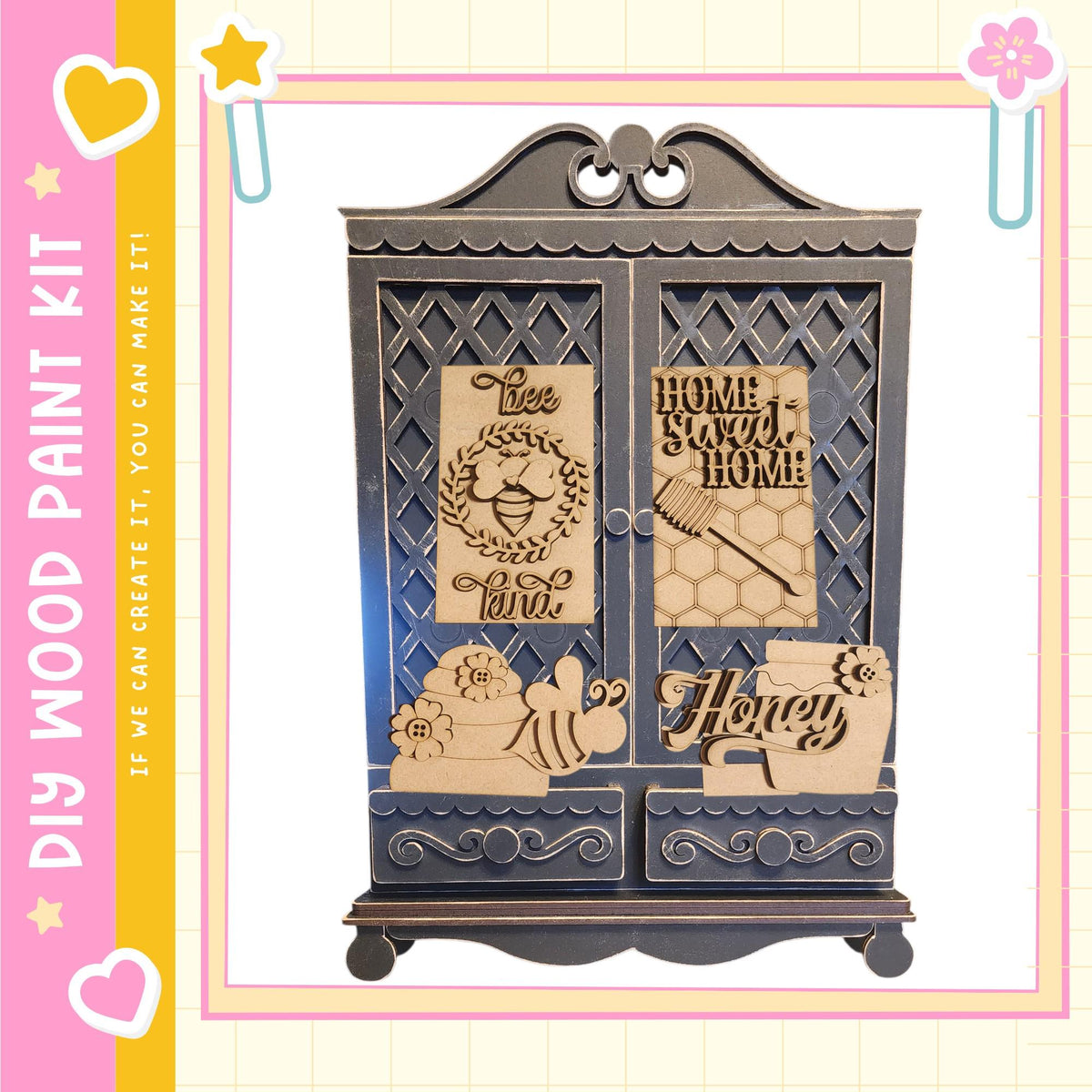a wooden cabinet with various decorative elements, including a honeycomb design, a wreath, and a bee. The cabinet appears to be a decorative piece, possibly used for storage or display.
