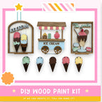 The image is a collage of various ice cream-themed decorations, including a wooden ice cream stand, ice cream cones, and a framed picture of ice cream. The text "DIY WOOD PAINT KIT" is displayed, suggesting that these items can be created using a paint kit.