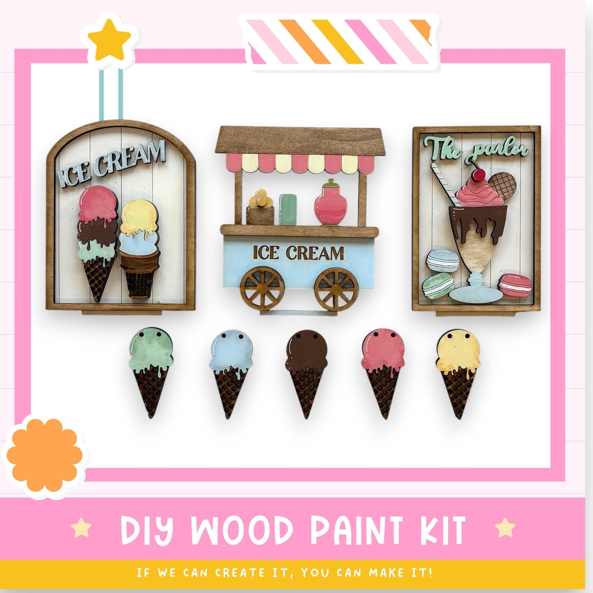 The image is a collage of various ice cream-themed decorations, including a wooden ice cream stand, ice cream cones, and a framed picture of ice cream. The text "DIY WOOD PAINT KIT" is displayed, suggesting that these items can be created using a paint kit.
