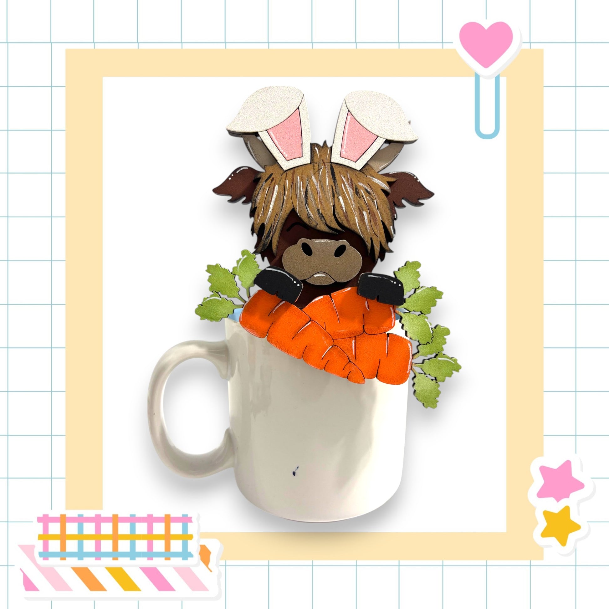 A whimsical image featuring a cartoon rabbit or deer-like creature with large ears and a carrot, peeking out from a white mug or cup.
