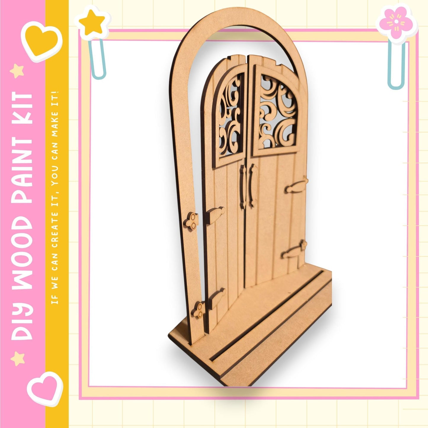 A wooden door with intricate designs, likely a part of a DIY paint kit.