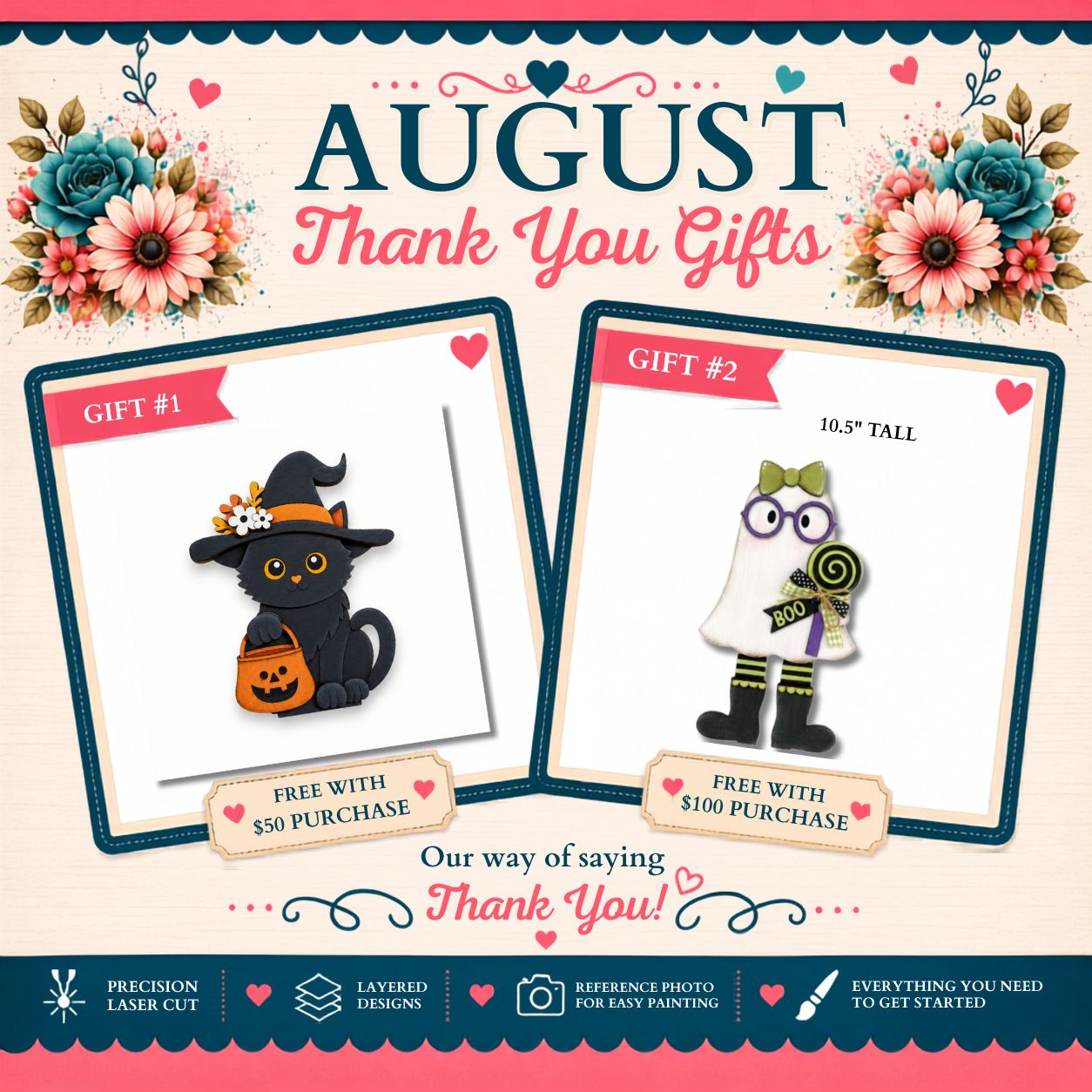 The image is a promotional poster for a gift shop, featuring two Halloween-themed items: a black cat wearing a witch's hat and a ghost with a lollipop. The poster includes text and images to advertise the shop's offerings, such as free gifts with purchases and a "layer design" option.