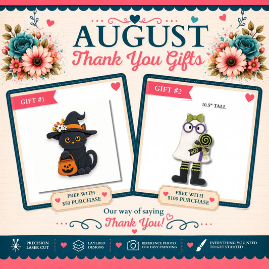 The image is a promotional poster for a gift shop, featuring two Halloween-themed items: a black cat wearing a witch's hat and a ghost with a lollipop. The poster includes text and images to advertise the shop's offerings, such as free gifts with purchases and a "layer design" option.