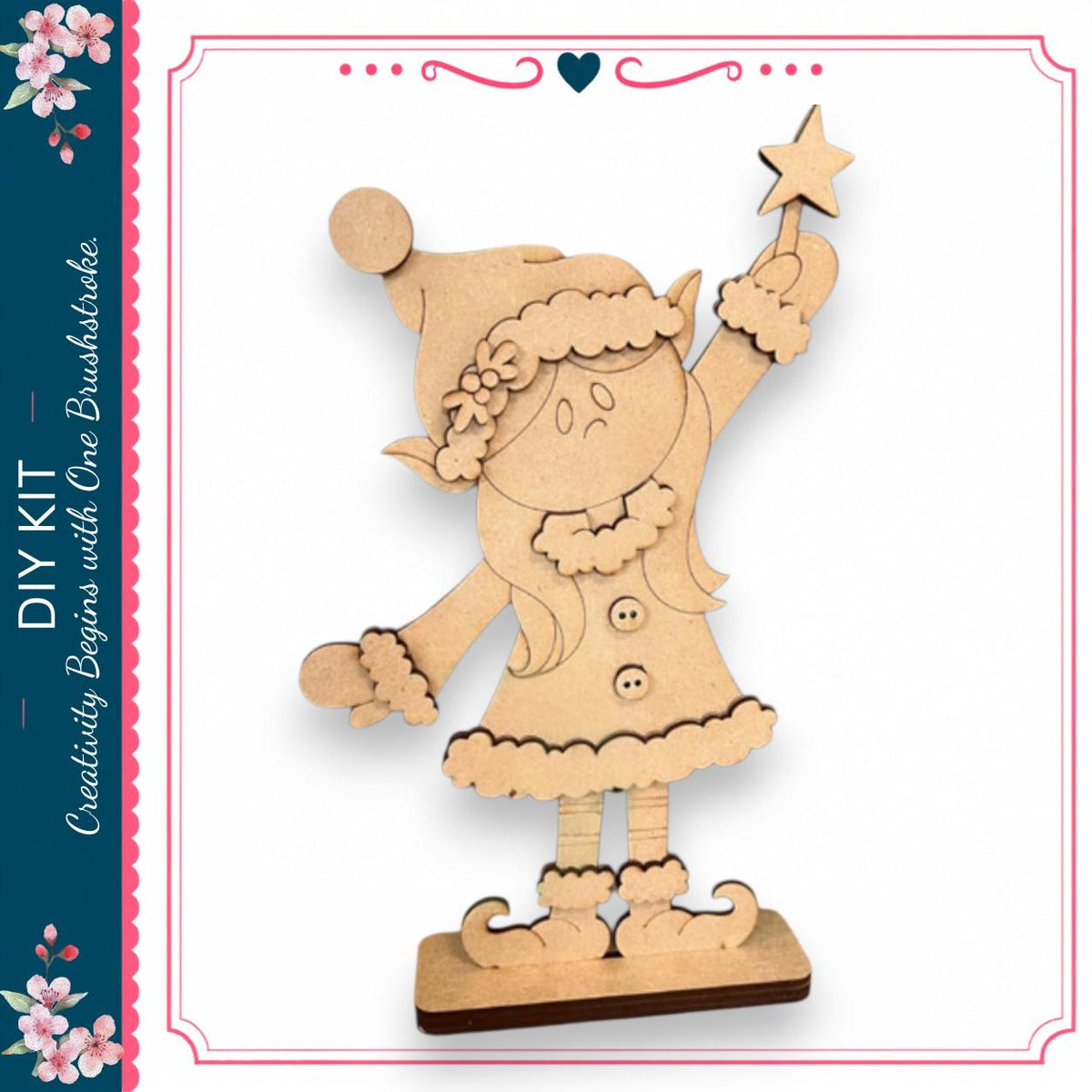 A wooden figure of a girl holding a star, wearing a hat and dress, is depicted in the image.