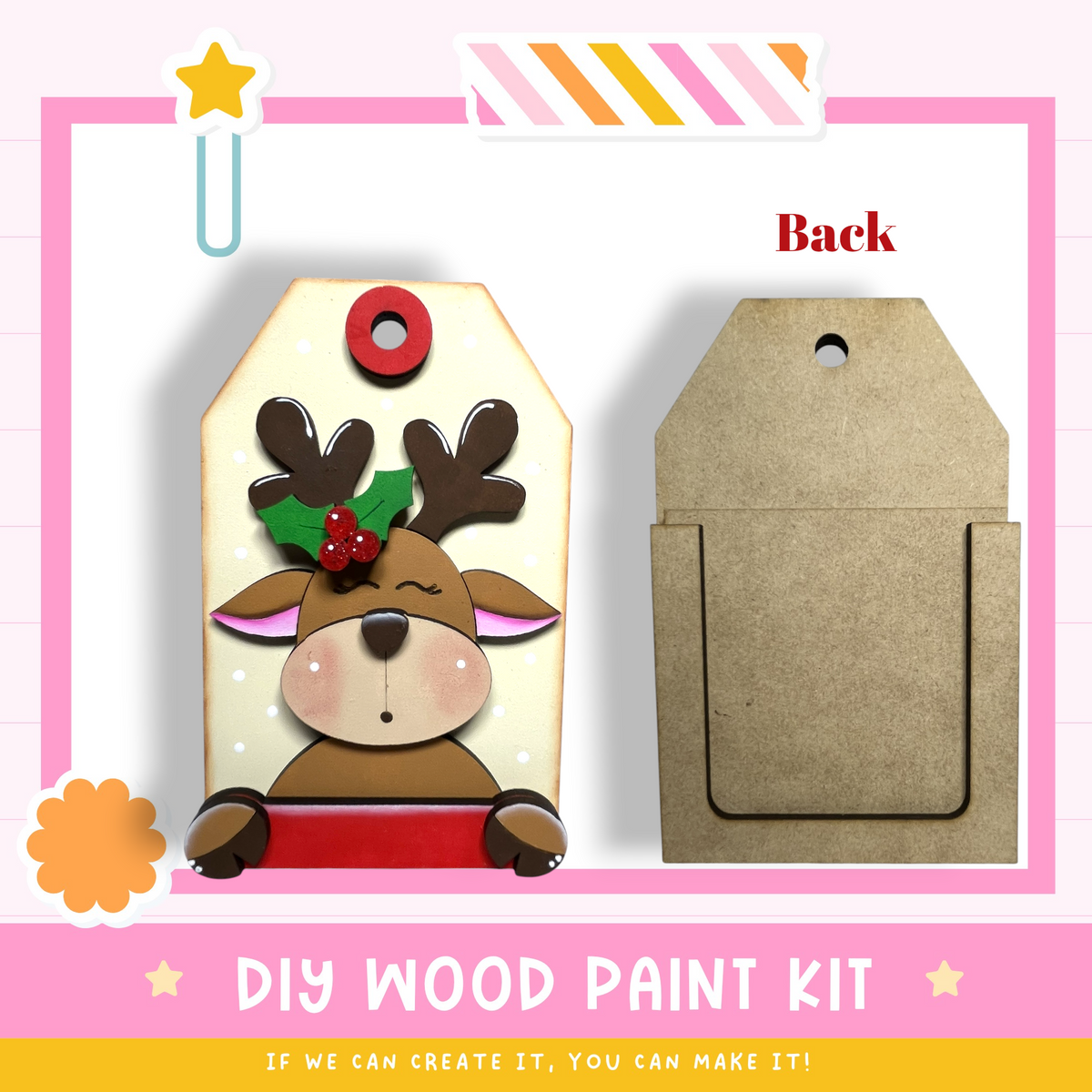 a DIY wood paint kit for creating a wooden ornament with a reindeer design. The kit includes a wooden tag with a reindeer and a wooden frame, as well as a wooden card with a reindeer design. The kit is designed to be used by those who can create the ornament themselves.