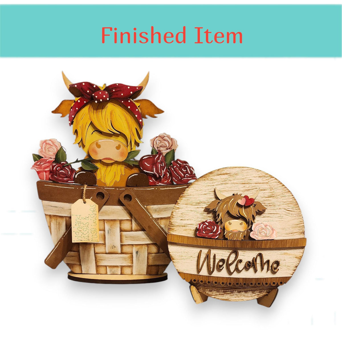 a wooden basket with a cow figurine inside, and a wooden sign with the word "Welcome" on it.
