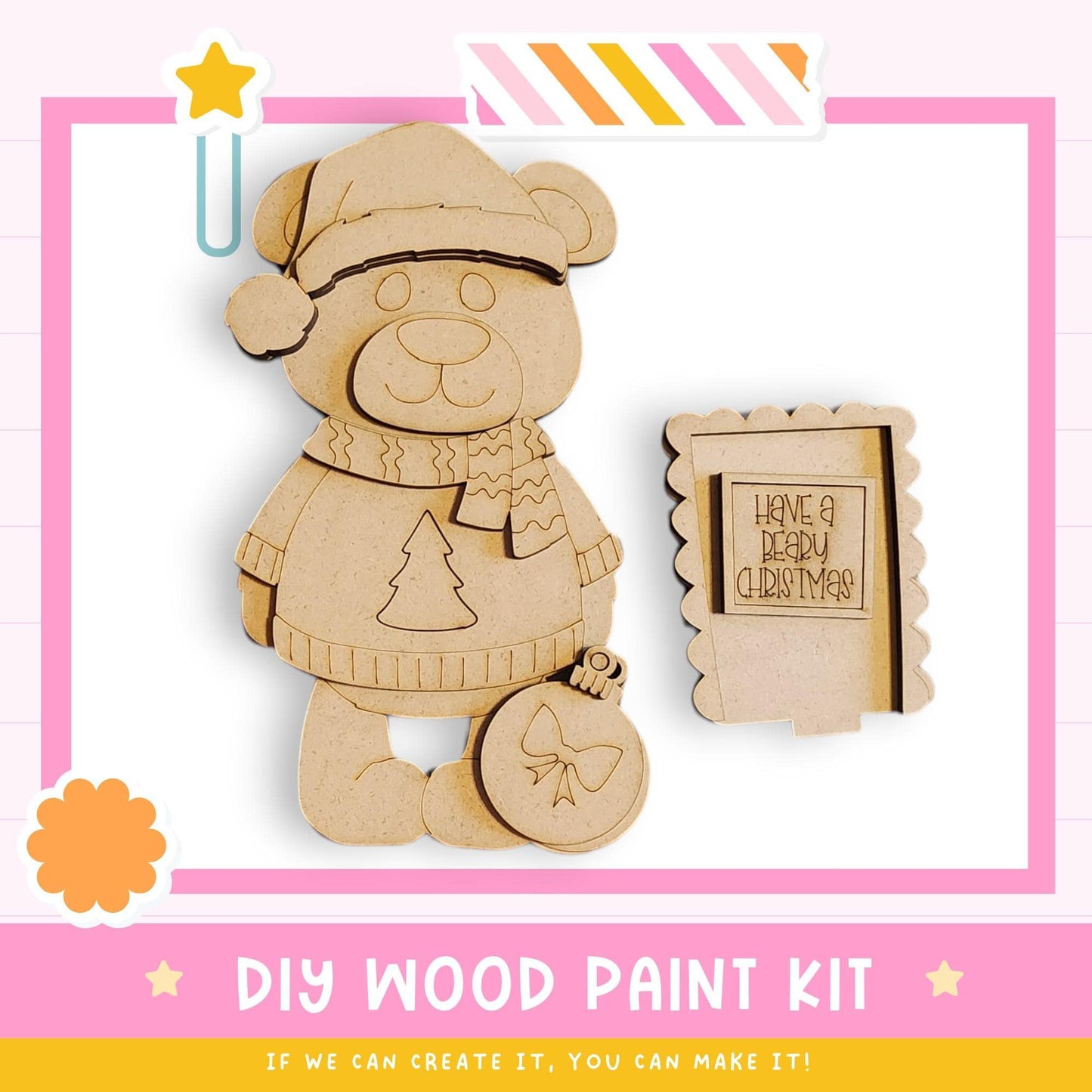 a DIY wood paint kit for creating a wooden bear, with a picture of the bear and a note that says "Have a Merry Christmas".