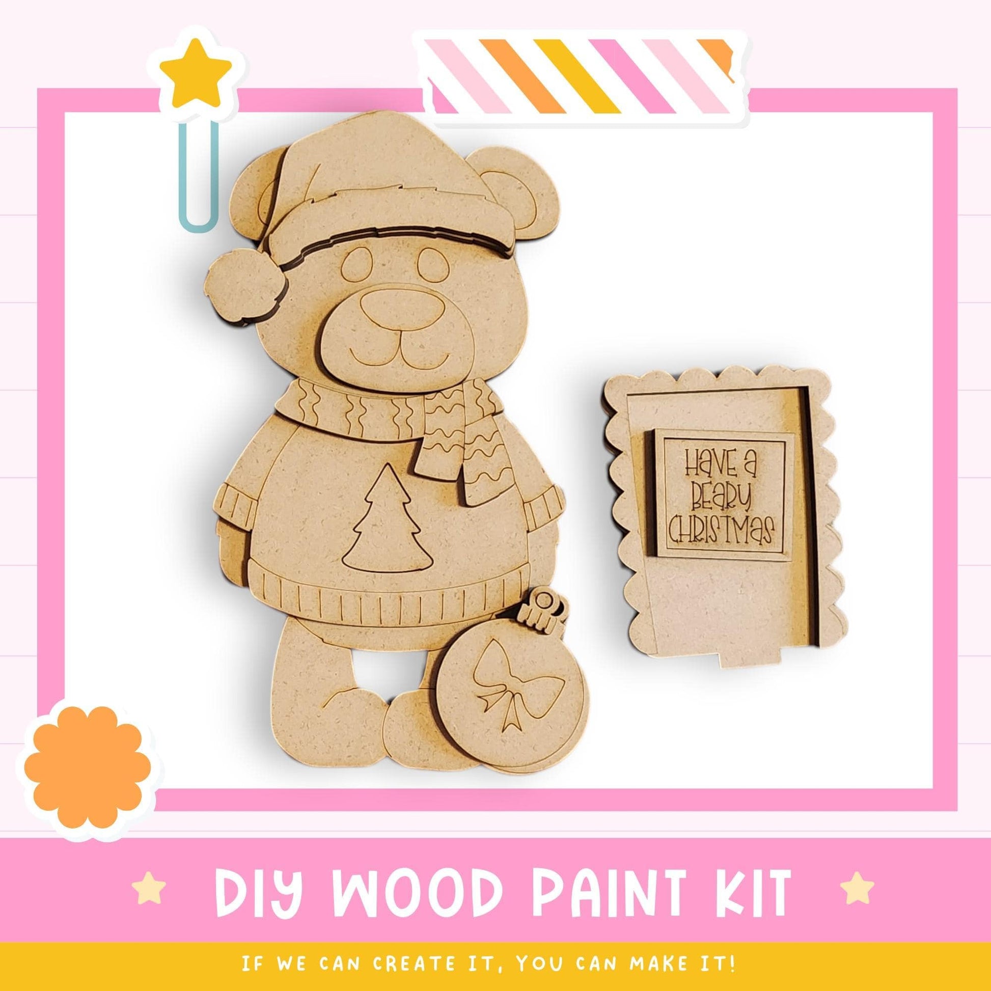 a DIY wood paint kit for creating a wooden bear, with a picture of the bear and a note that says "Have a Merry Christmas".