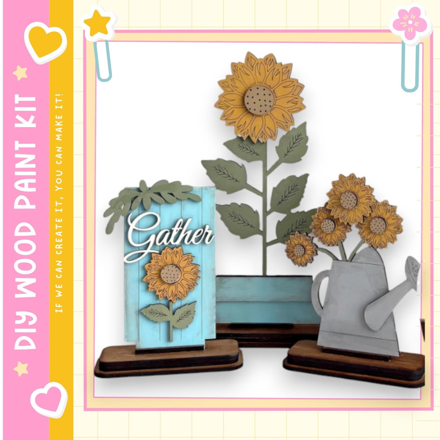 a wooden paint kit with a focus on creating decorative pieces, including a blue sign with a sunflower and a gray watering can.