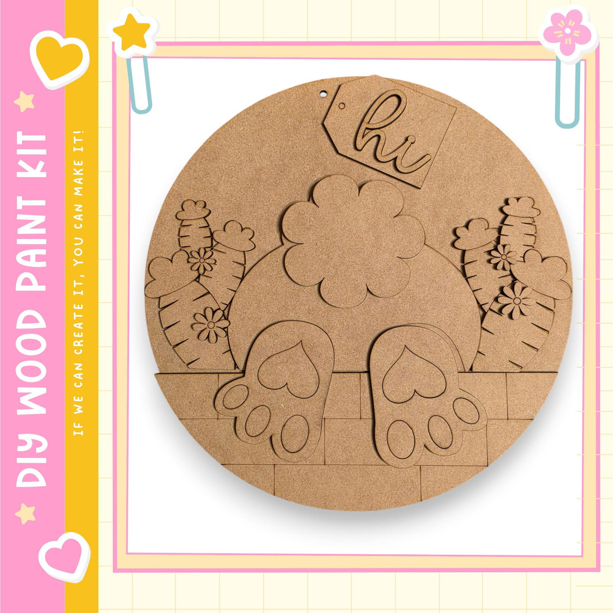 The image is a circular wooden craft kit featuring a design of a rabbit's feet and a flower.