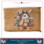 A burlap sack featuring a whimsical illustration of a ghost character holding a pumpkin and wearing a bow.