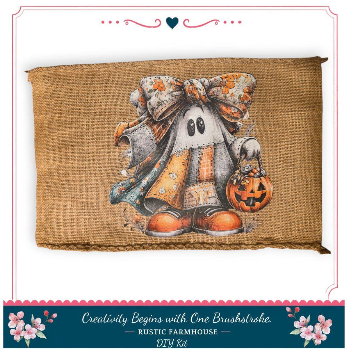 A burlap sack featuring a whimsical illustration of a ghost character holding a pumpkin and wearing a bow.