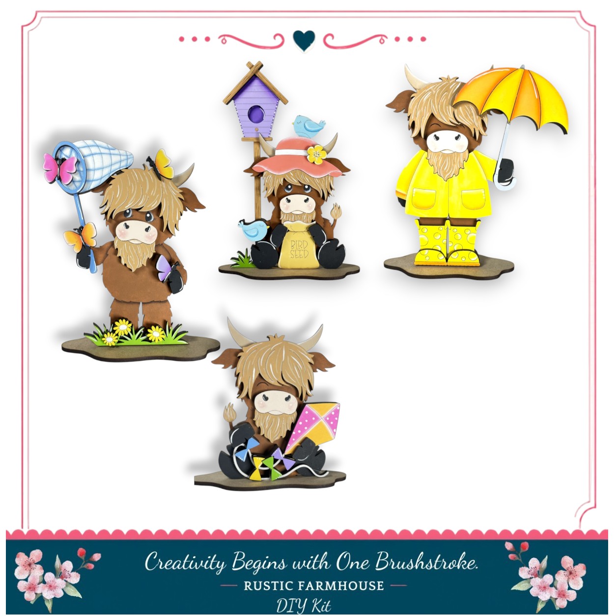 The image is a collage of four cartoon animal figures, each wearing a unique outfit and holding different objects, such as a butterfly net, a birdhouse, an umbrella, and a kite. The animals are set against a white background, and the image includes text that reads "Creativity Begins with One Brushstroke - RUSTIC FARMHOUSE - DIY KIT".