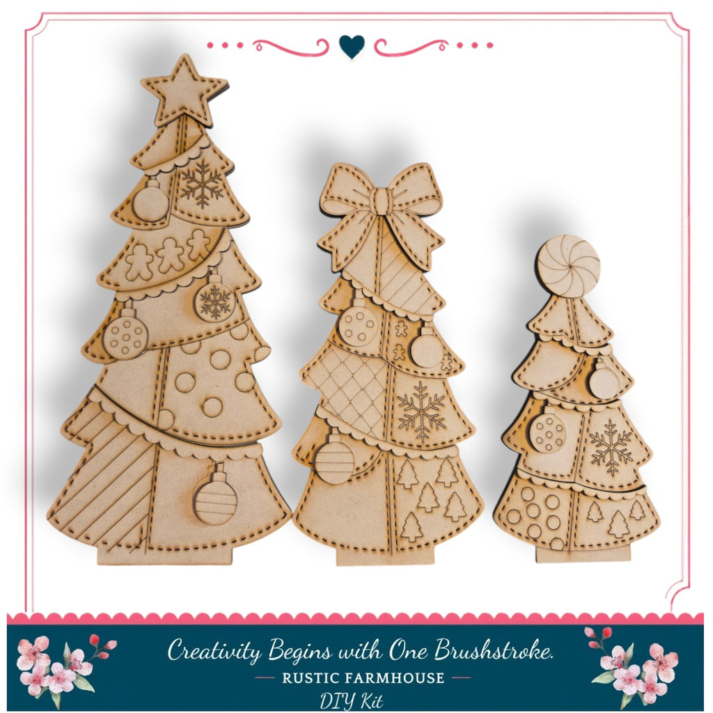 three wooden Christmas tree cutouts, each with unique decorations and ornaments, arranged in a row.