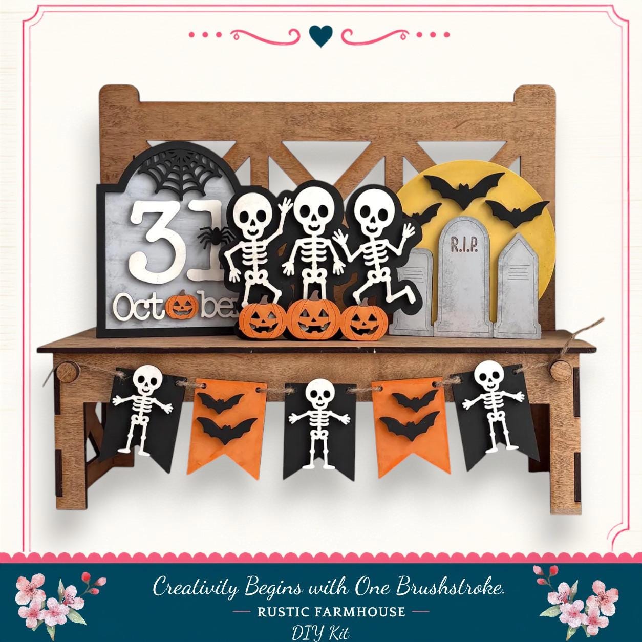 A Halloween-themed display featuring skeleton decorations, jack-o-lanterns, and a tombstone, all set against a wooden shelf.