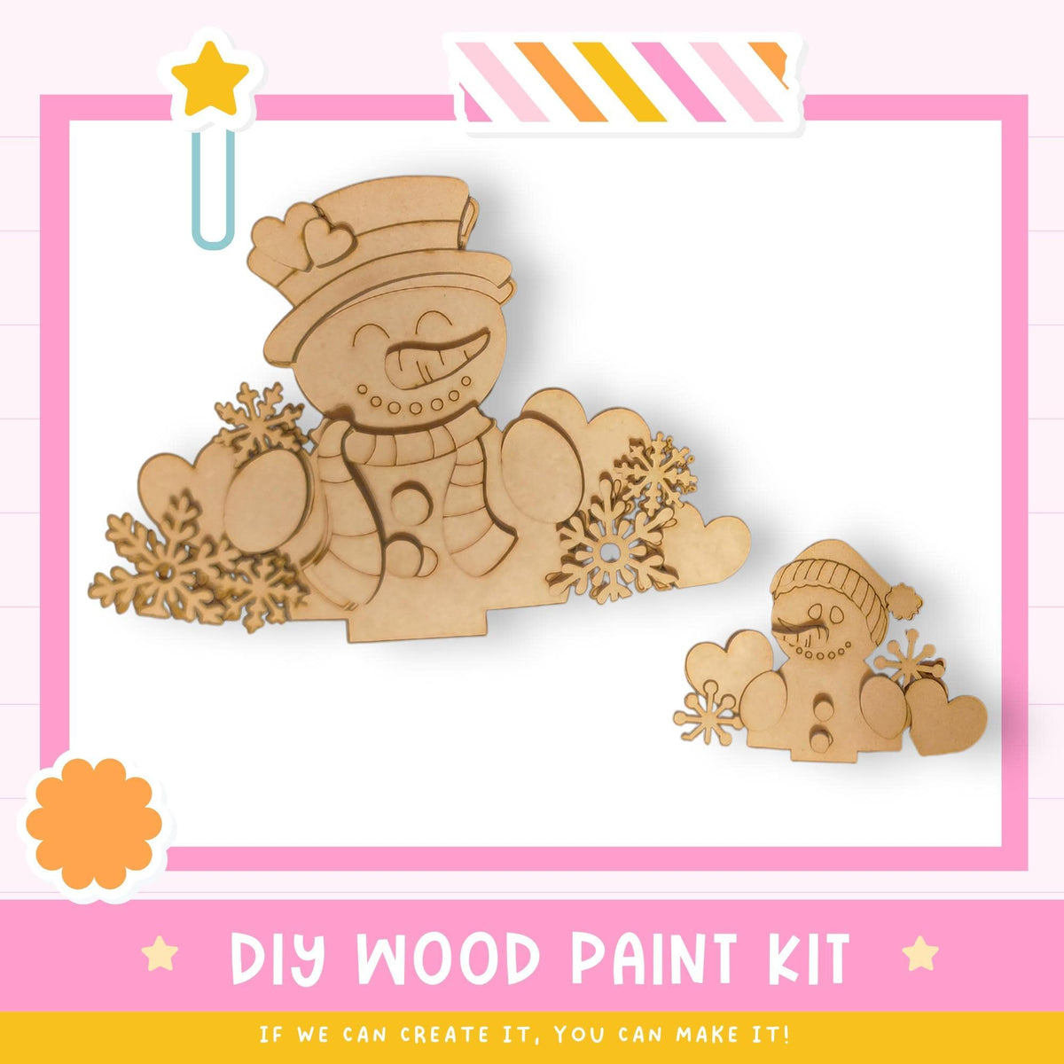 a DIY wood paint kit for creating wooden snowmen, with a pink and white striped border and a star decoration.