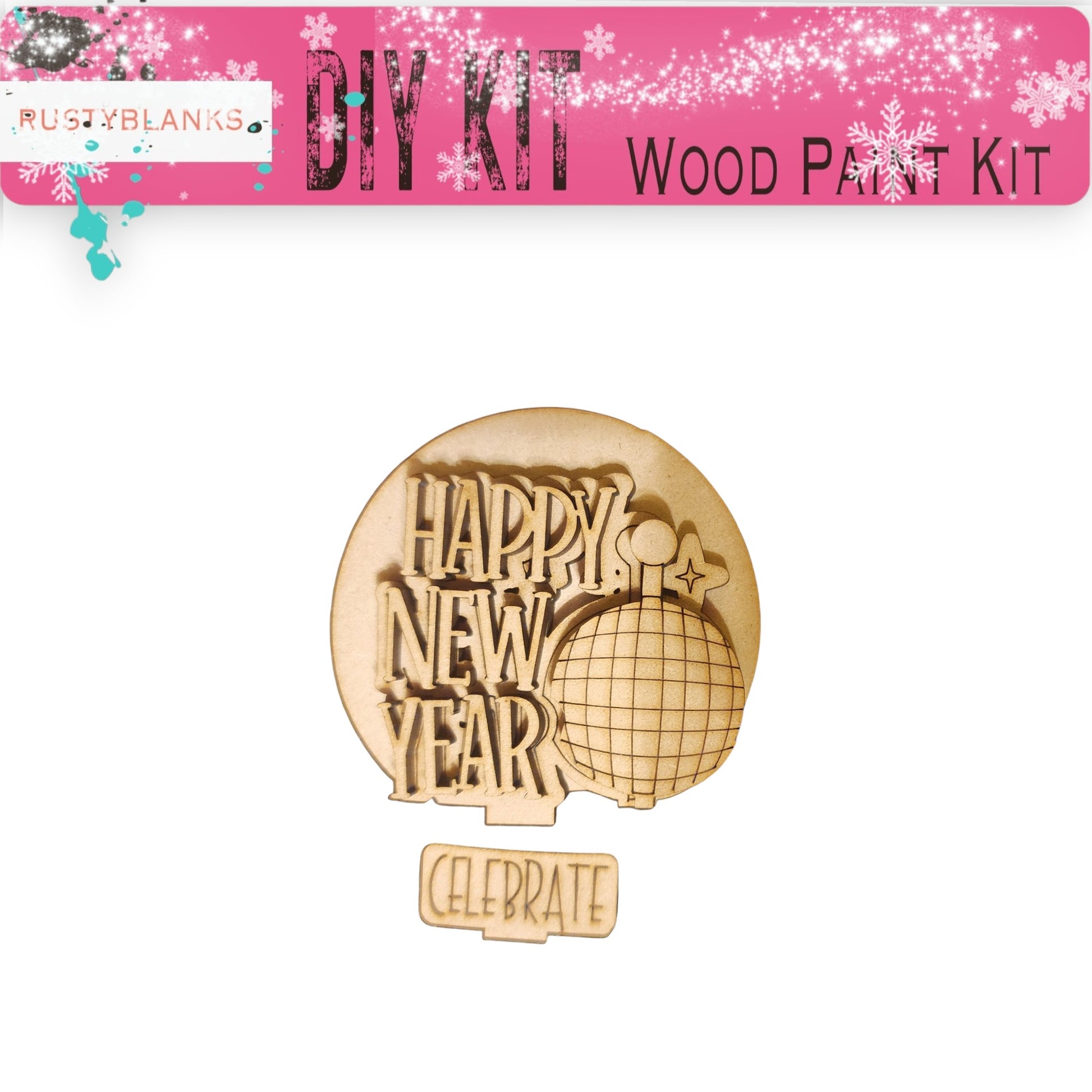 a DIY kit for a wood paint kit, with a pink banner and a wooden sign that reads "Happy New Year" and "Celebrate".