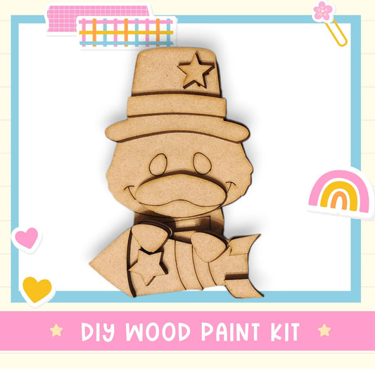 a wooden cutout of a man with a hat and tie