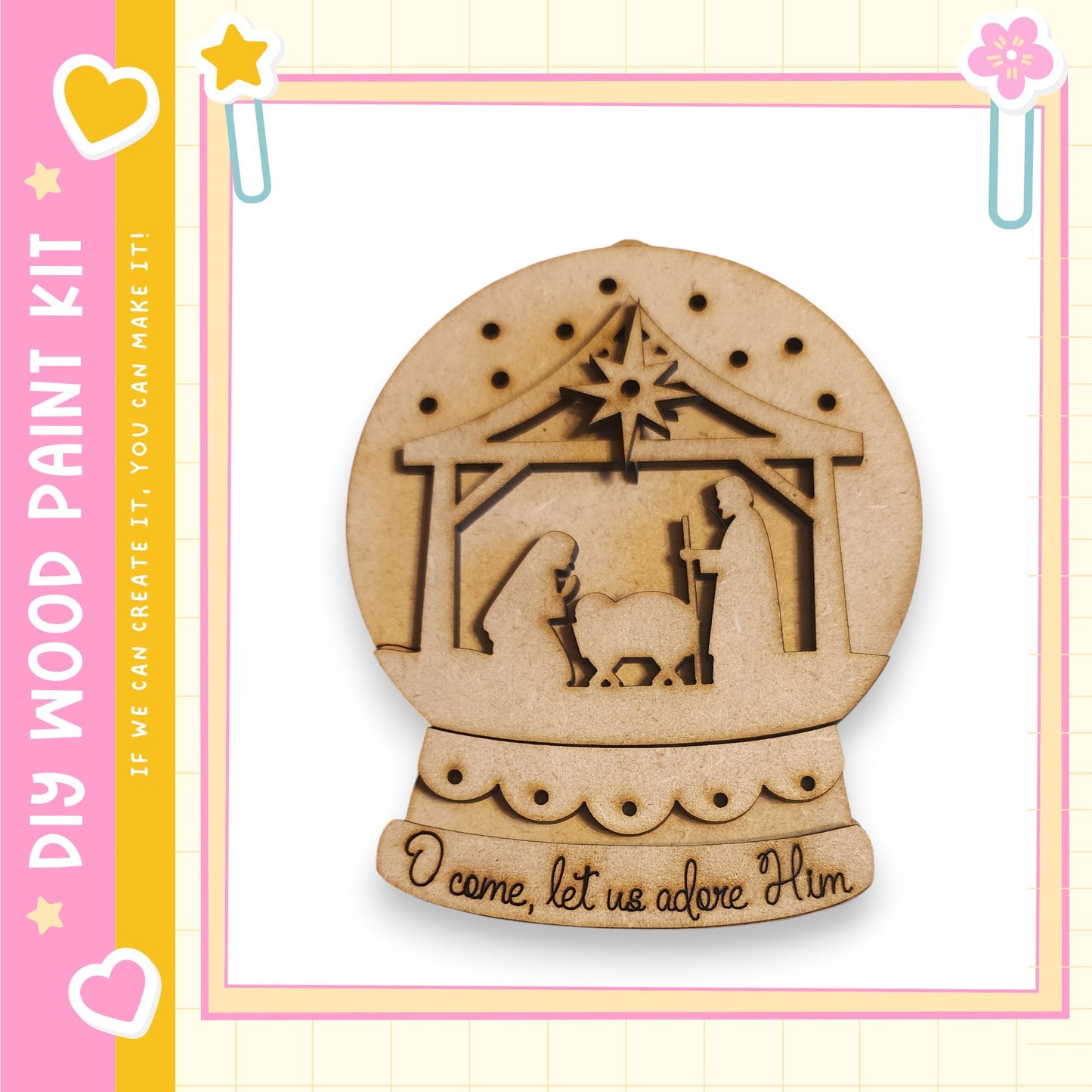 A wooden nativity scene with a snow globe, featuring the figure of the baby Jesus and the adults in the manger.