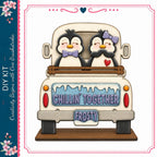 A cartoon image of two penguins sitting in the back of a truck, with the words "Chillin' together Frosty" written on the truck.