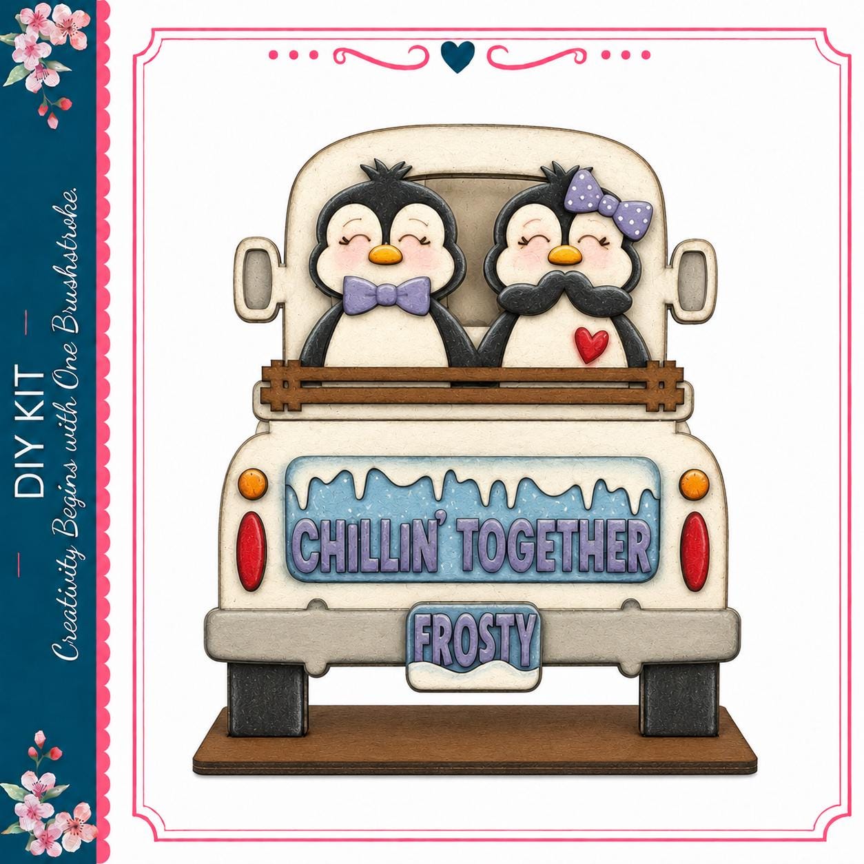 A cartoon image of two penguins sitting in the back of a truck, with the words "Chillin' together Frosty" written on the truck.