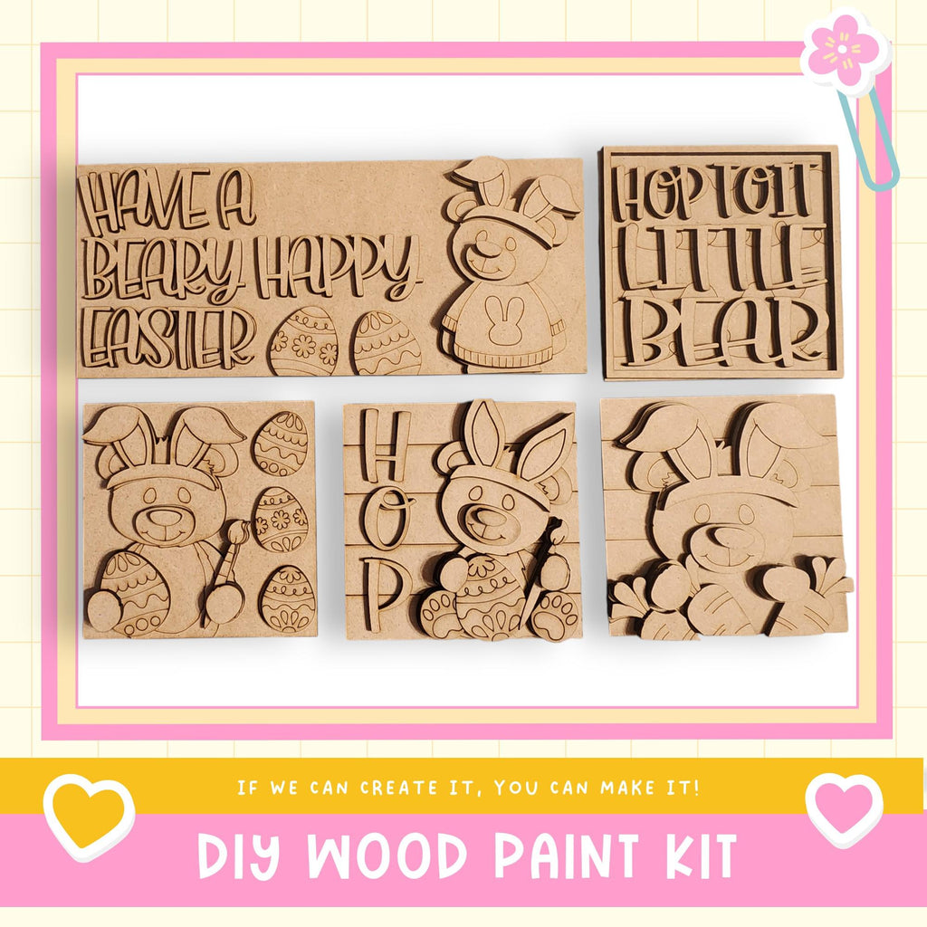 a set of four wooden stamps with the words happy birthday written on them