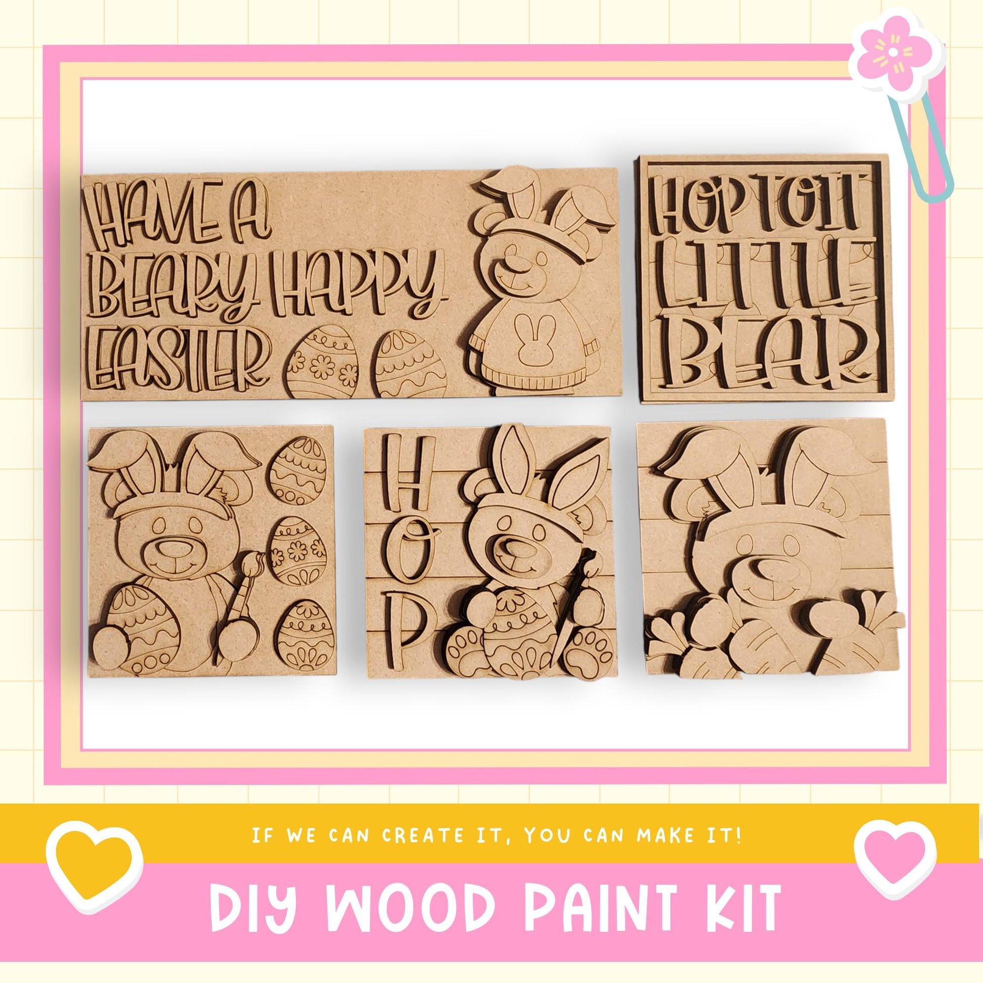 a set of four wooden stamps with the words happy birthday written on them