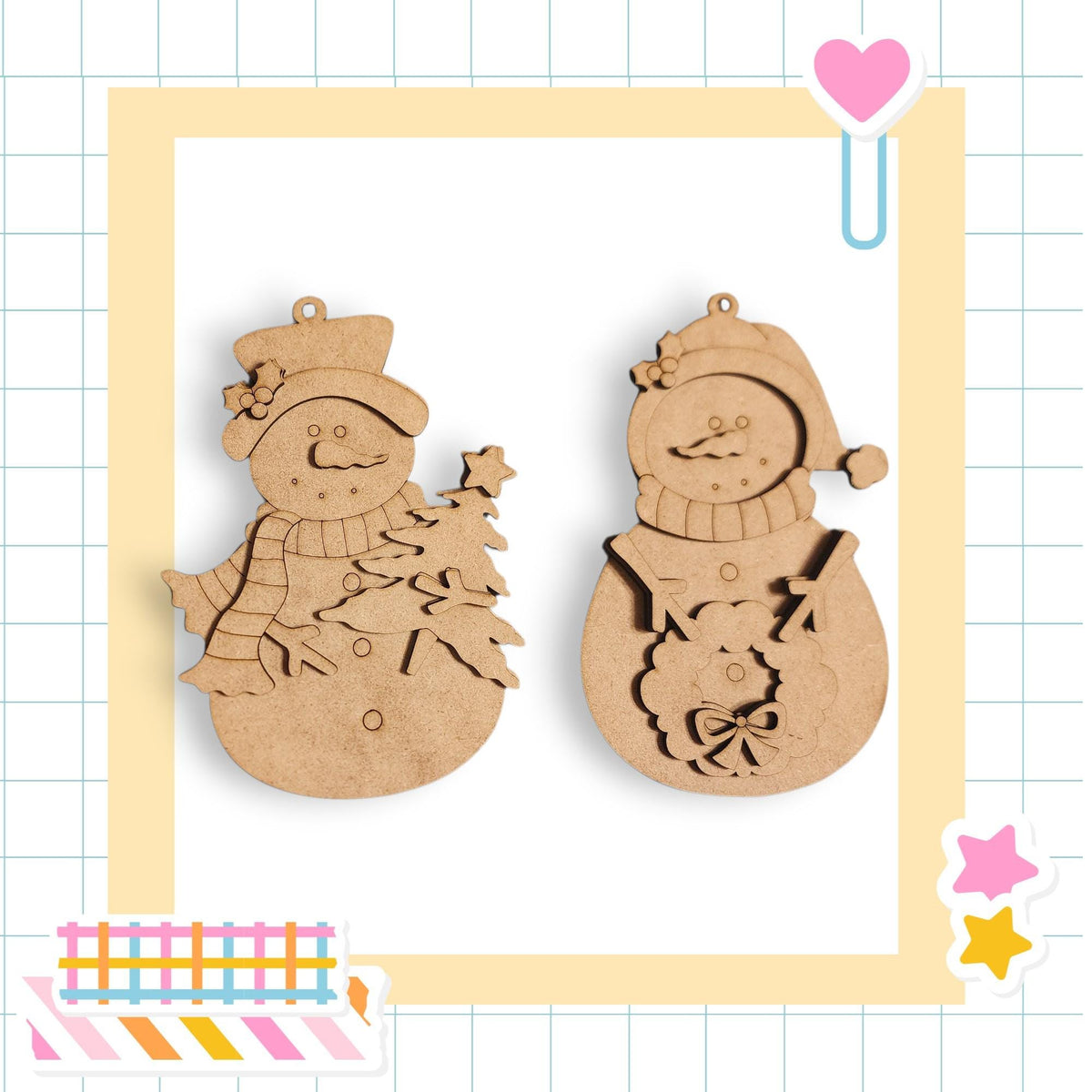 two wooden snowman ornaments, each with a unique design and hat, set against a white background.