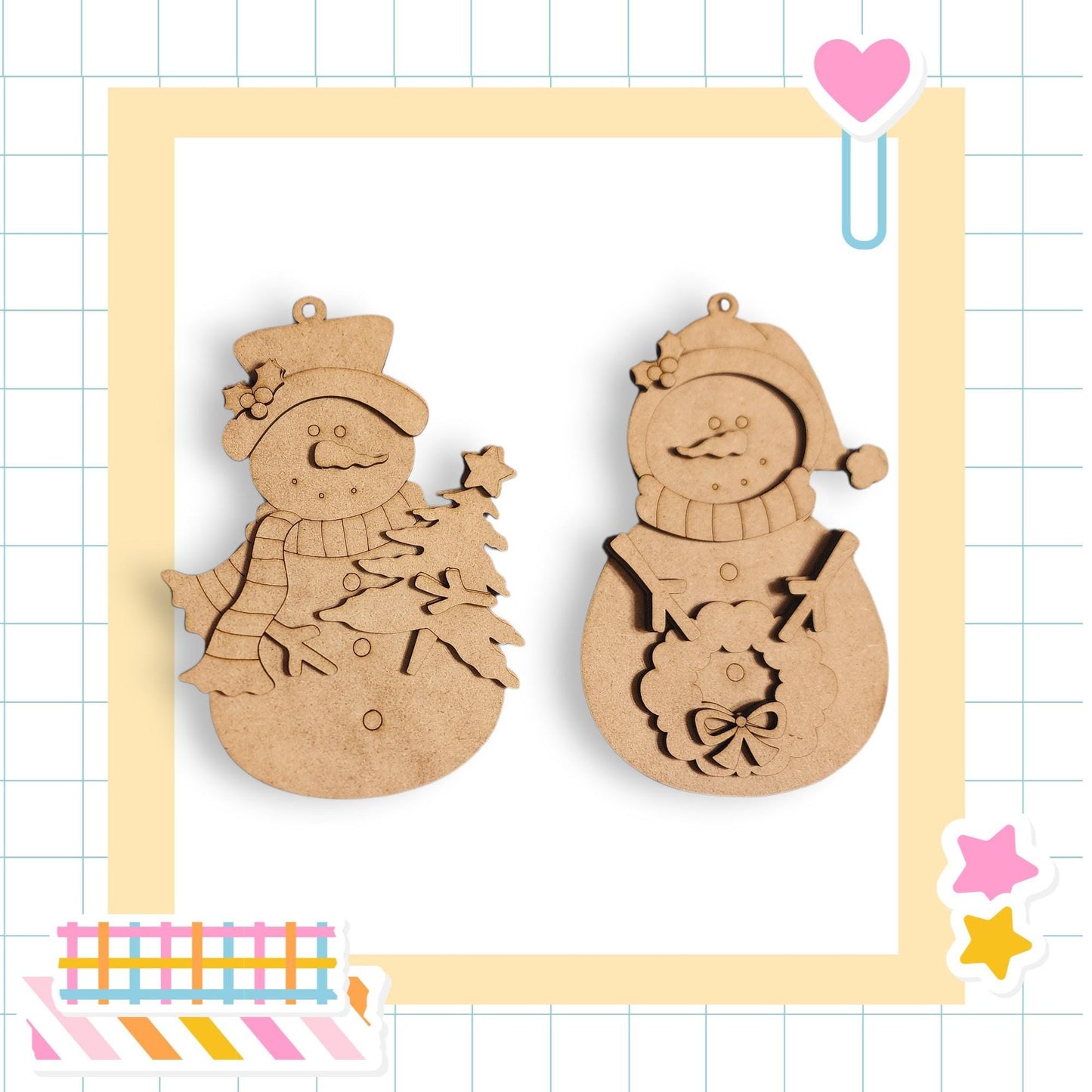 two wooden snowman ornaments, each with a unique design and hat, set against a white background.