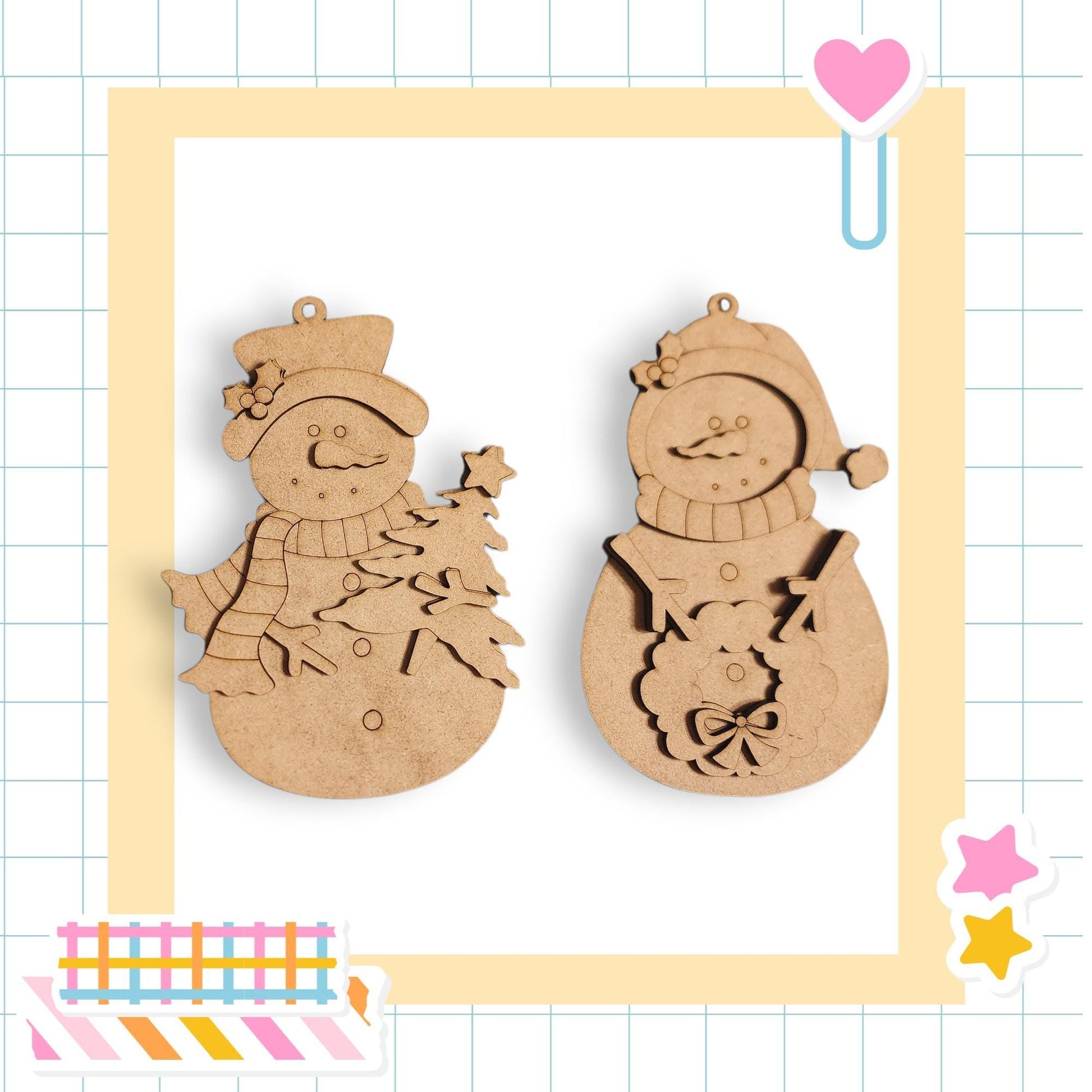 two wooden snowman ornaments, each with a unique design and hat, set against a white background.