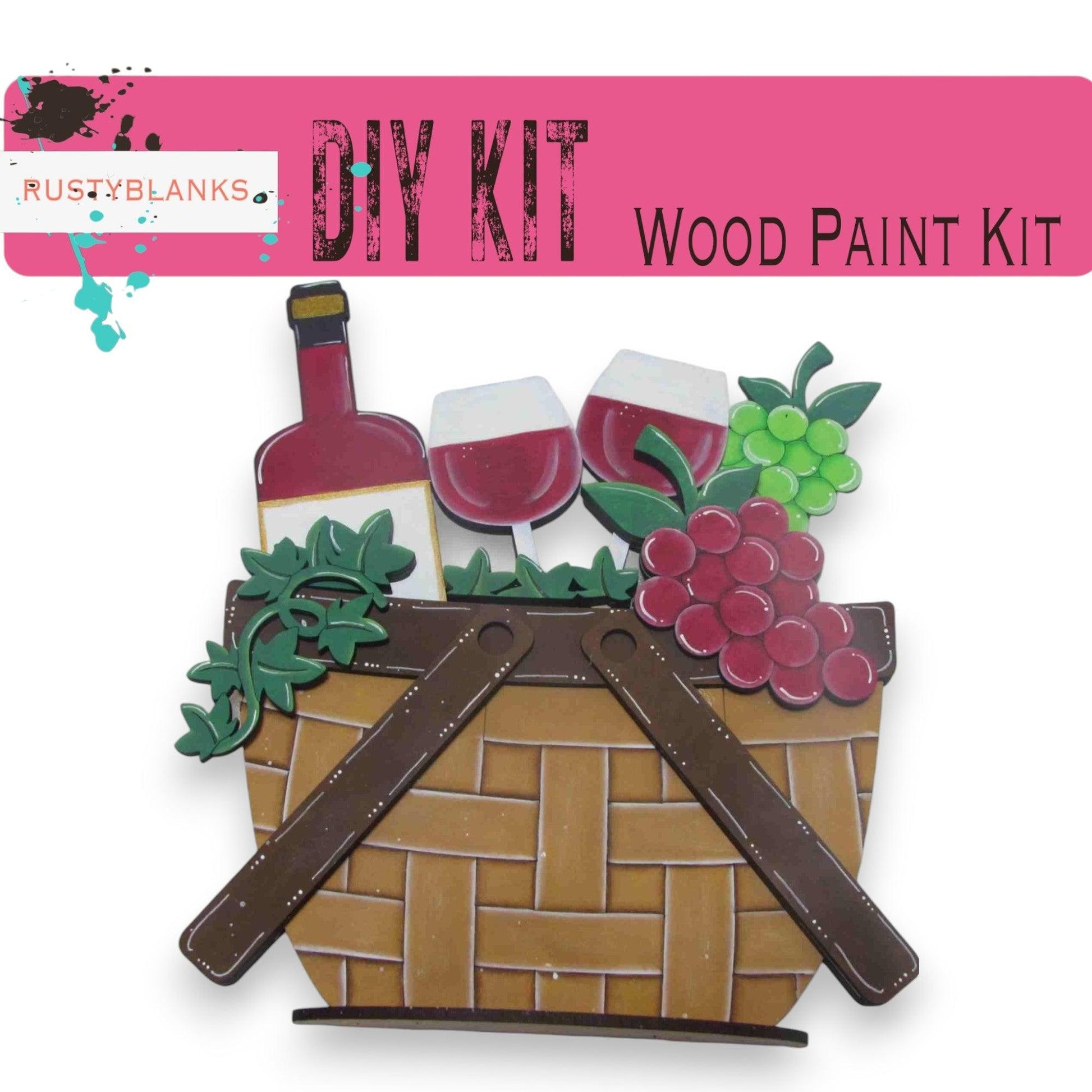 a picture of a wooden paint kit with a basket of wine and grapes