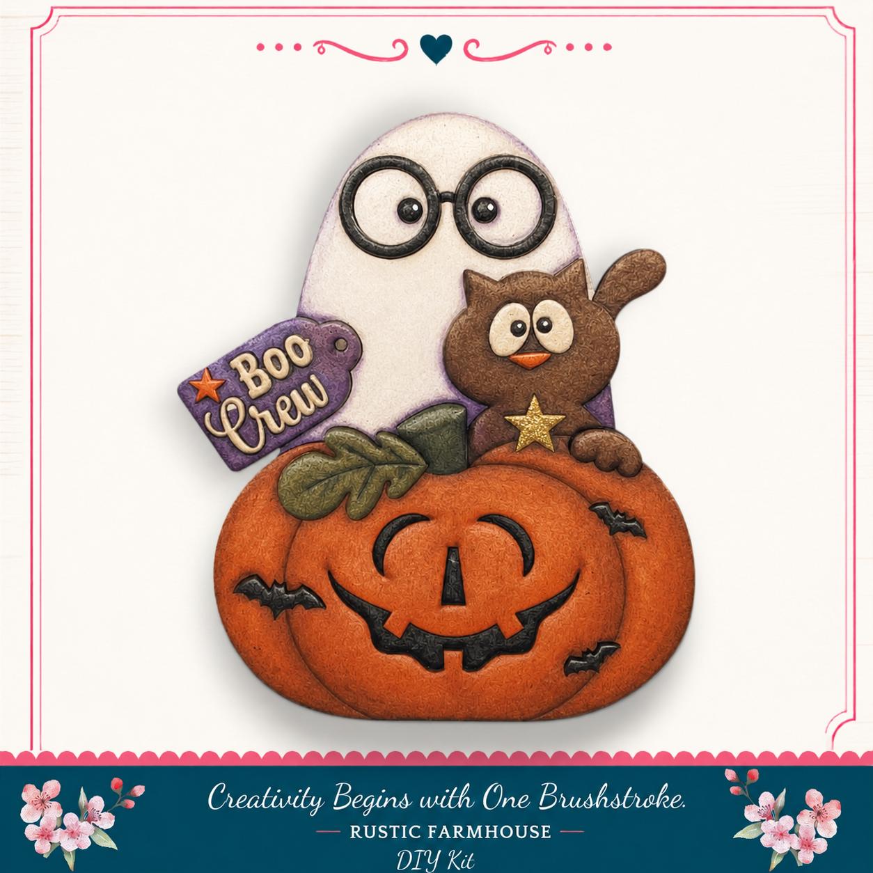 A Halloween-themed DIY kit featuring a ghost, a cat, and a carved pumpkin.