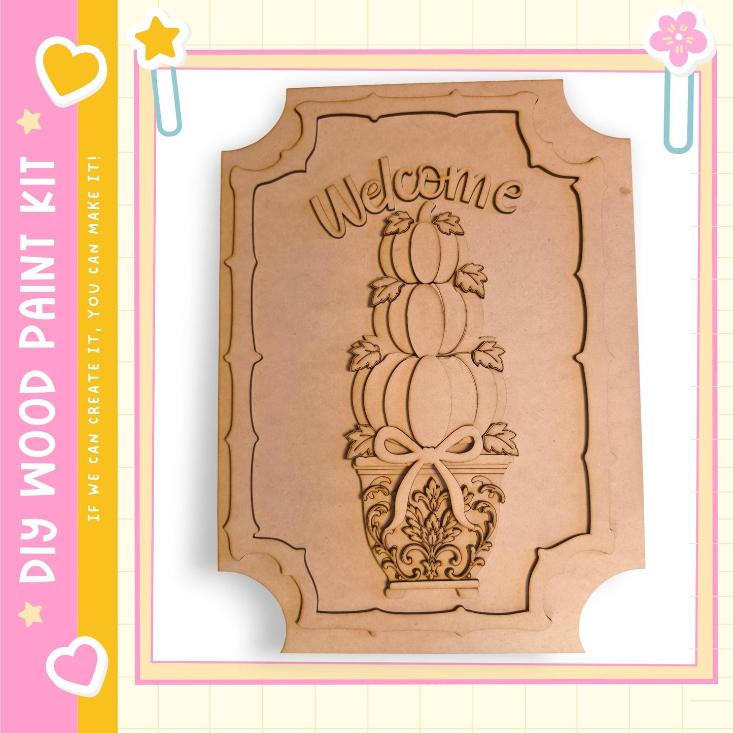 a wooden sign with the word "Welcome" carved into it, surrounded by decorative elements such as leaves and a bow.