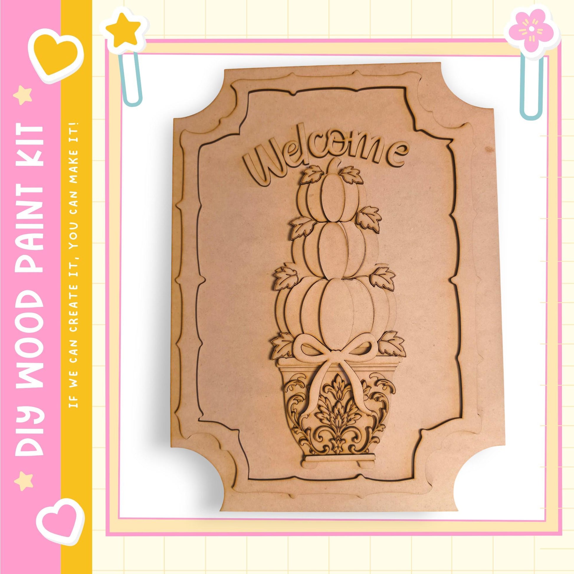 a wooden sign with the word "Welcome" carved into it, surrounded by decorative elements such as leaves and a bow.