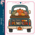 a wooden truck with a decorative design on the back, including a sign that says "Hey there, PUMPKIN".