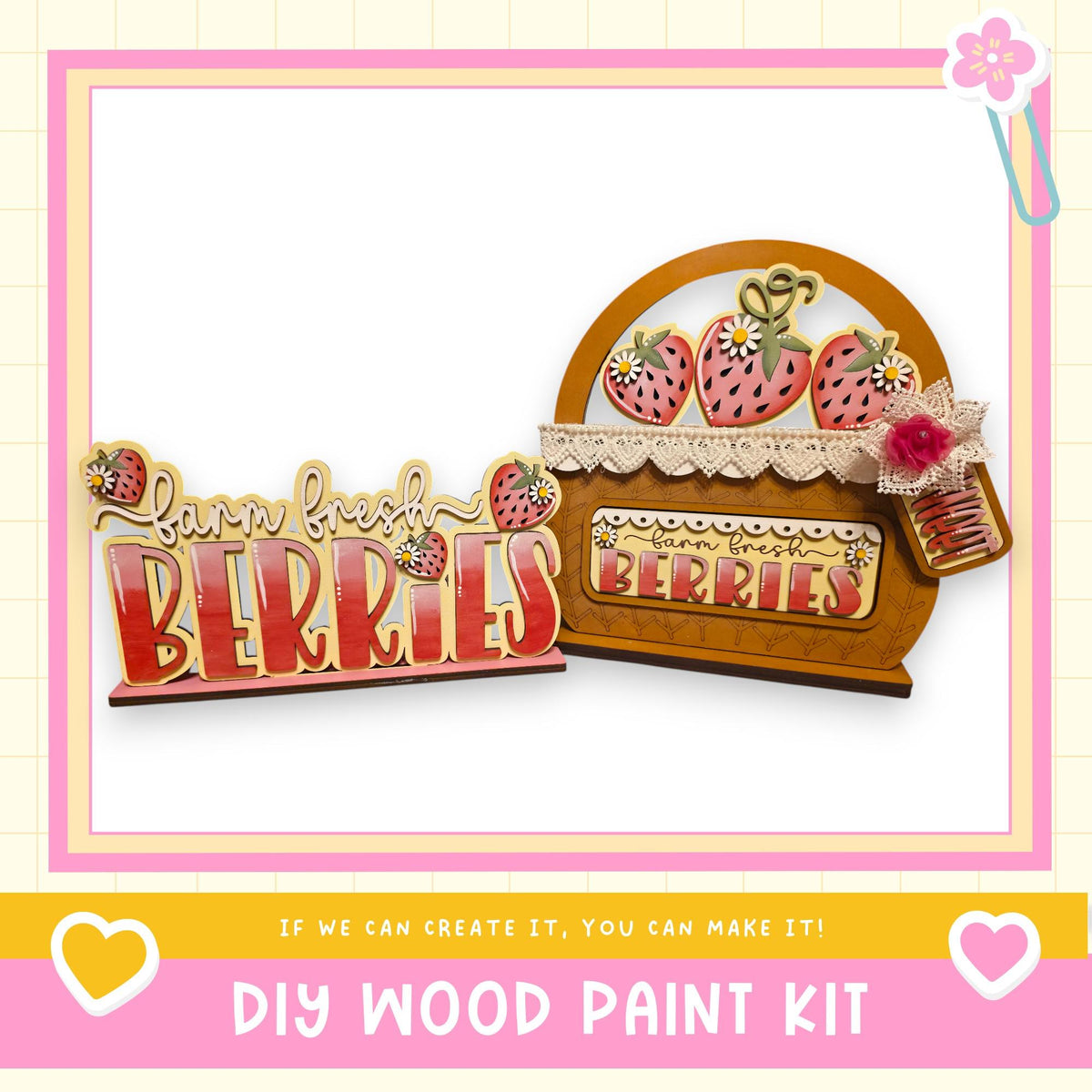 a DIY wood paint kit for creating a wooden sign or decoration with the words "barn fresh berries" written on it. The kit includes a wooden frame and a wooden sign with the text "barn fresh berries" written on it. The kit is presented in a pink and yellow color scheme, with a heart symbol and a flower symbol in the corners.