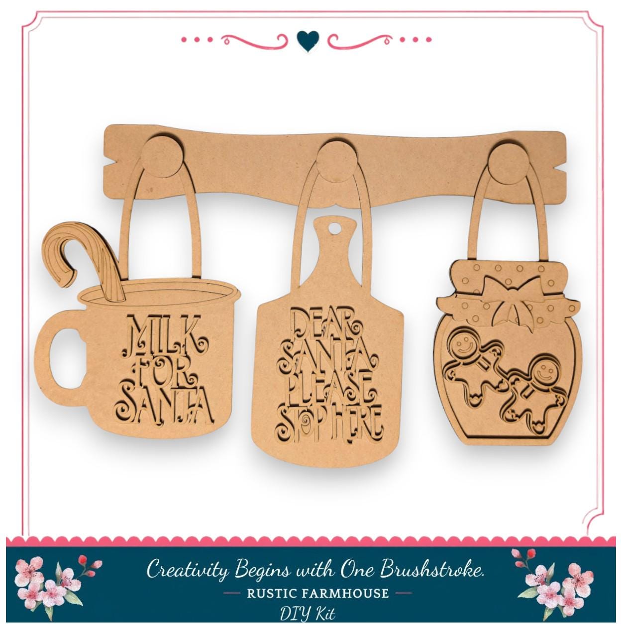three wooden cutouts of kitchen utensils hanging on a wooden rack, each with a unique design and text.