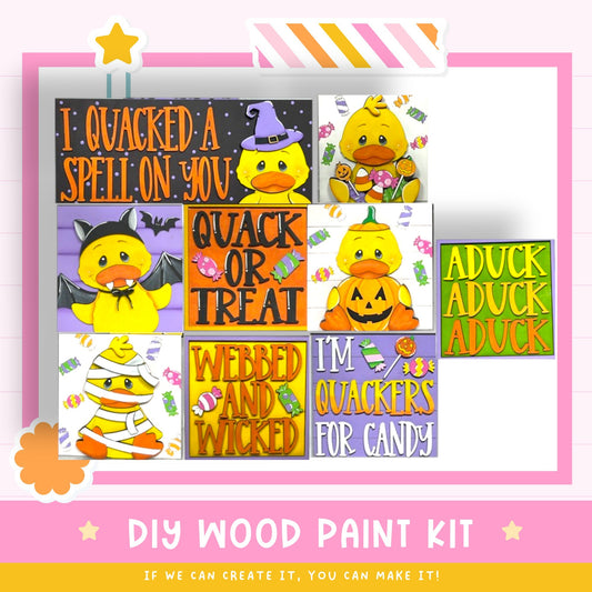 The image is a collage of nine Halloween-themed illustrations featuring various characters and decorations, including a bat, a pumpkin, and a quack.