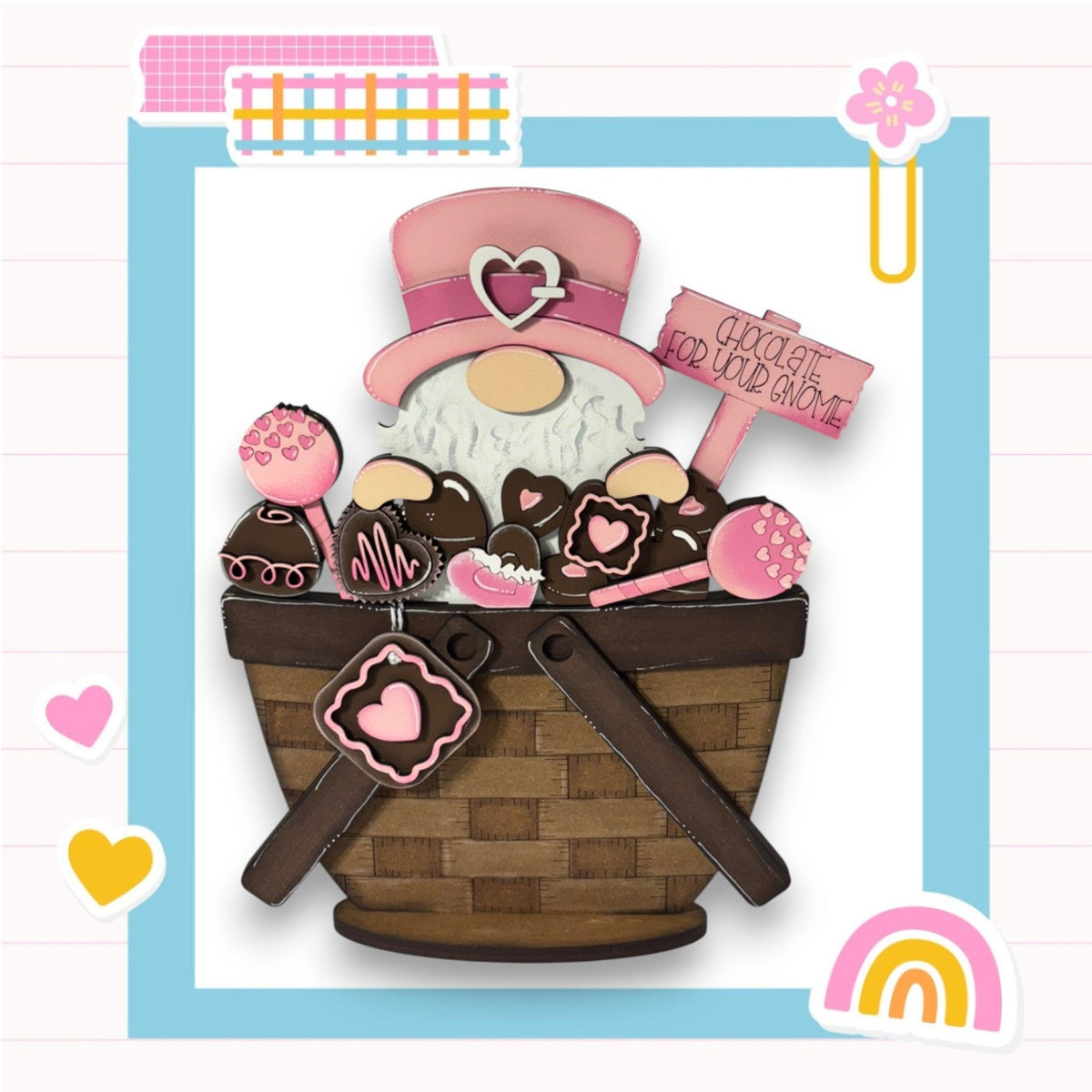 a card with a basket of chocolates and a gnome